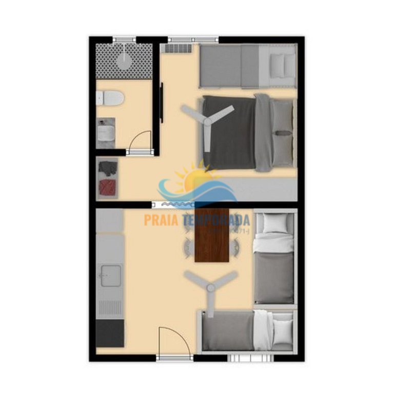 Apartamento 04-B de 1 dormitório para 5 pessoas a duas quadr