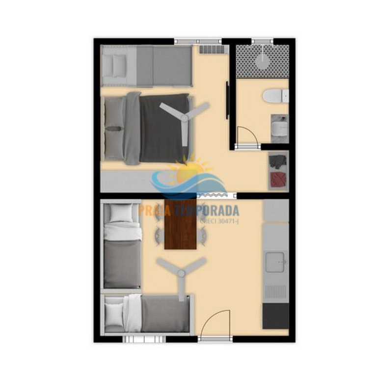 Apartamento 11-C de 1 dormitório para 5 pessoas a duas quadr