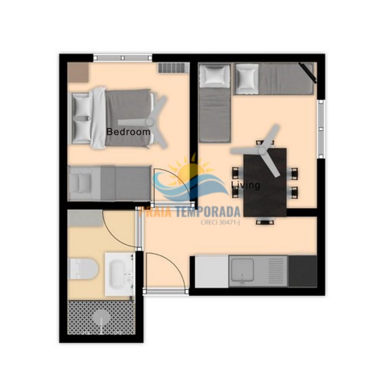 Apartamento 31 de 1 dormitório para 5 pessoas a duas quadras