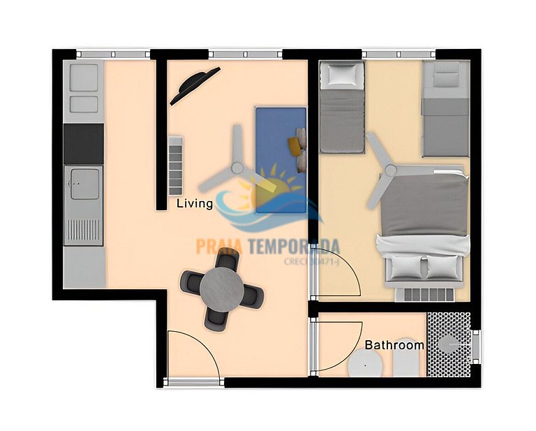 Apartamento 46-B de 1 dormitório para 5 pessoas a uma quadra